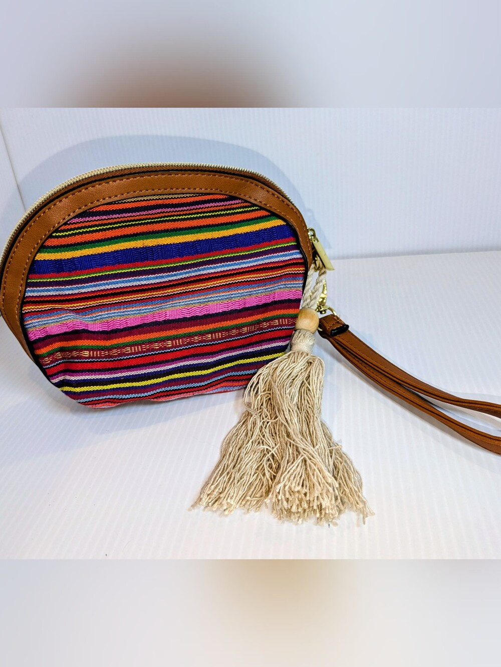 Boho Multicolor Woven Wristlet Clutch Tassel Vegan Leather Zip Pouch